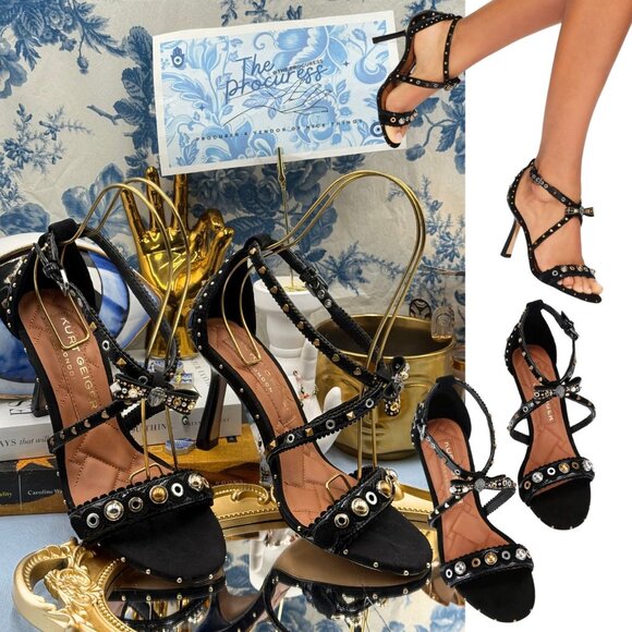 🆕 KURT GEIGER LONDON 🧿 NWOB Mini Bow Eyelet Heel Sandal, Black - Sz 37 US 7
